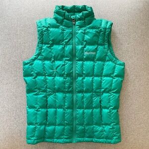 Marmot Youth Quilted Duck Down Vest Sz Large Sea Green Teal Zip Pockets Unisex